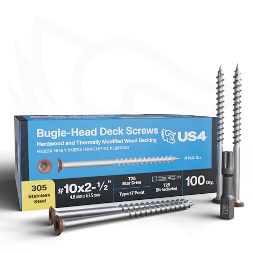 US4 - #10 x 2-1/2" Cedar Flat Head Screws Stainless Steel | Stainless Steel Wood Screws | | T25 Star Drive | Self-Drilling Screws for Framing, Subflooring & Decking | 305 SS (100, #10x2.5 Inches) 100 #10 x 2-1/2"