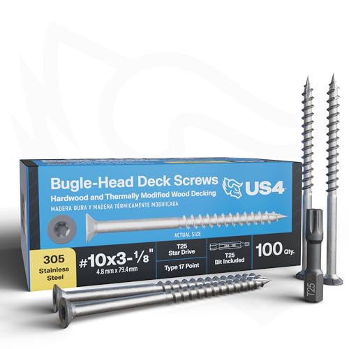 US4 - #10 x 3-1/8" Gray Flat Head Screws Stainless Steel | Stainless Steel Wood Screws | T25 Star Drive | Self-Drilling Screws for Framing, Subflooring & Decking | 305 SS (100, #10 x 3.125 Inches) 100 #10 x 3-1/8"