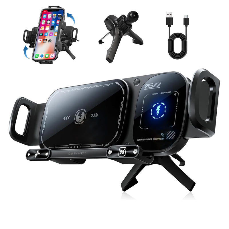 Wireless Charging Rotating Car Mount, 15W Fast Charger with Auto Clamping, One-Click 90° Rotation, 360° Rotation, Anti-Shake Technology, Foldable Phone Fit