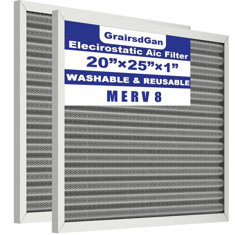 (2 Pack) 20x25x1 Reusable Air Filter, Washable Filter, Electrostatic, MERV 8, Lasts a Lifetime-HVAC AC Furnace Systems Air Filter (Actual Size: 19.75x24.65x0.82Inch)