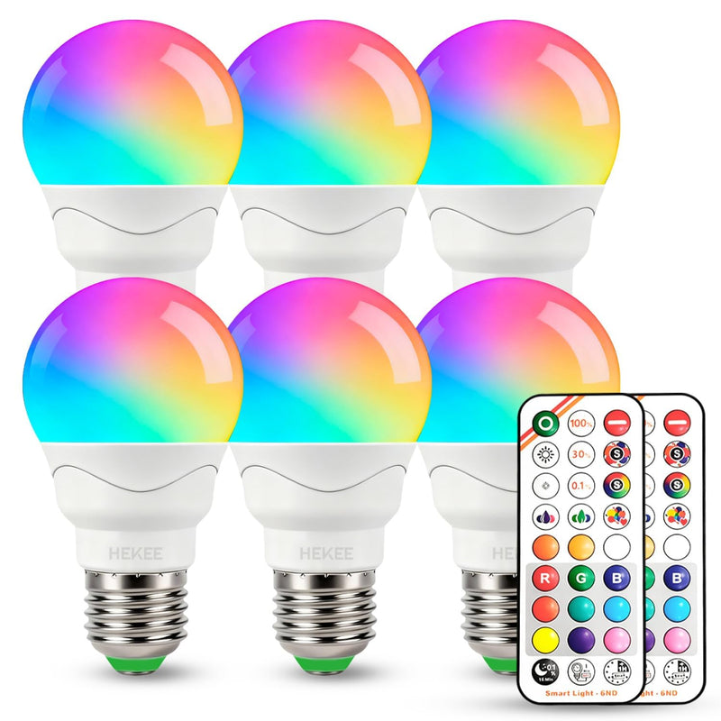 HEKEE Color Changing Light Bulbs E26, 40W Equivalent, 500LM, 3CCT, 9 Colors, 5 Dynamic Color Modes, Sleep Mode, Timer A15, 5W LED with 2 IR Remote Controls(6 Packs) 6 Pack