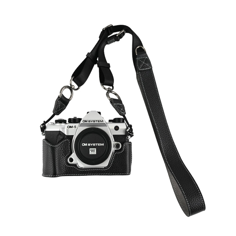 OM-5 Mark II Case, Litchi Handmade Genuine Real Leather Half Camera Case Bag Cover for Olympus System OM-5 Mark II Bottom Opening Version + Neck Strap (Black) Black
