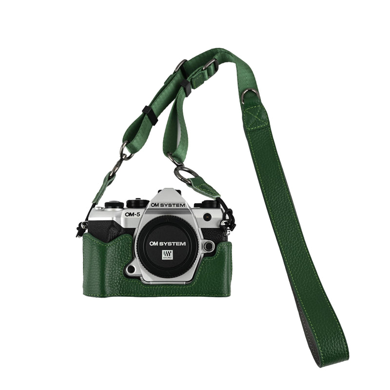 OM-5 Mark II Case, Litchi Handmade Genuine Real Leather Half Camera Case Bag Cover for Olympus System OM-5 Mark II Bottom Opening Version + Neck Strap (Green) Green