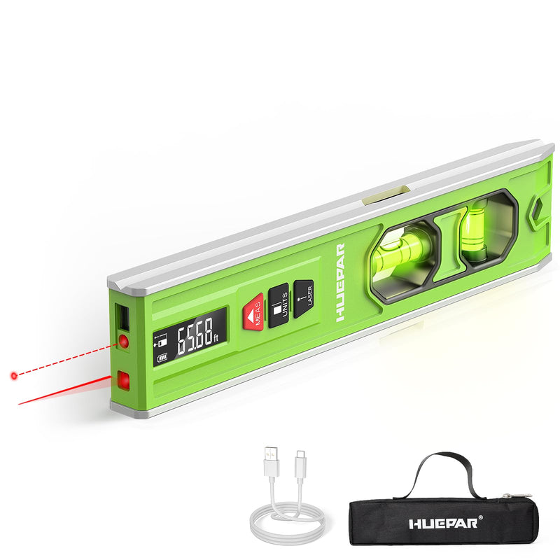 Huepar 3-in-1 Laser Level /65Ft Laser Distance Measure/Magnetic Torpedo Level, 9 in Spirit Level with LED Display and Lighted Bubble, USB-C Rechargeable Magnetic Laser Leveler Tool - VJ10