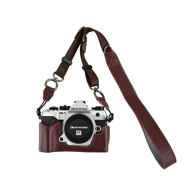 OM-5 Mark II Case, Litchi Handmade Genuine Real Leather Half Camera Case Bag Cover for Olympus System OM-5 Mark II Bottom Opening Version + Neck Strap (Brown) Brown