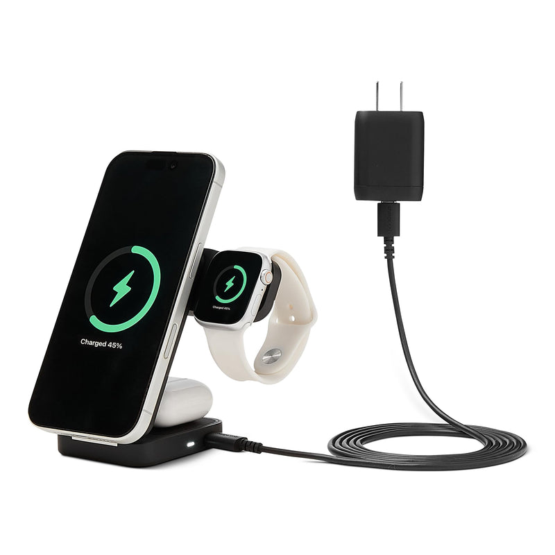 Amazon Basics MagSafe Compatible 25W Fast Charging Qi2.2 Certified 3-in-1 Wireless Charging Station, Foldable Stand for iPhone 17/16/15/14/13/12, Apple Watch, AirPods, with 45W Adapter, Black 2.78 x 3.91 x 4.06 in