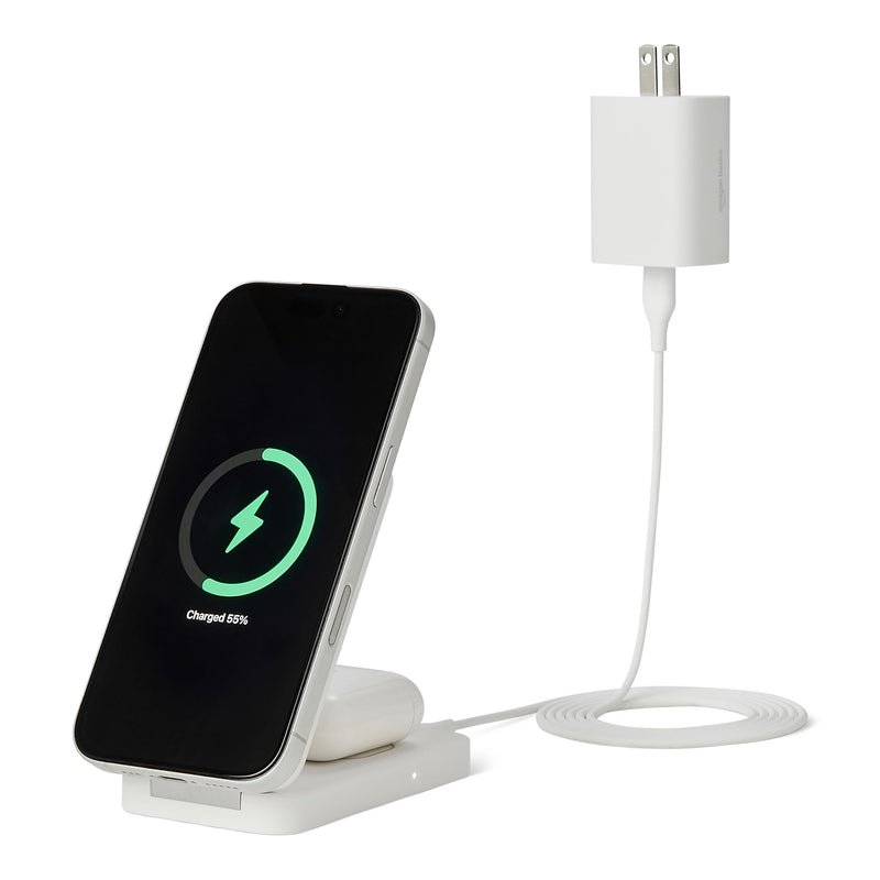 Amazon Basics MagSafe Compatible Wireless Charging Station, 25W Max. Fast Charging Qi2.2 Certified 2-in-1 Charger, Foldable Stand for iPhone 17/16/15/14/13/12 & AirPods, with 45W Max. Adapter, White