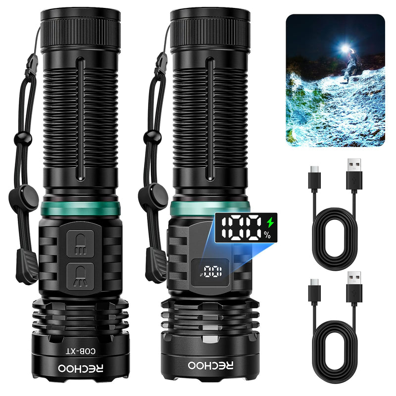 RECHOO Rechargeable Flashlights High Lumens, 990000lm LED Flashlight Rechargeable, Fixed Foucs, 8 Lighting Modes Waterproof Small Flashlight for Camping, Hunting, Emergency, Gifts for Men 2 Pack