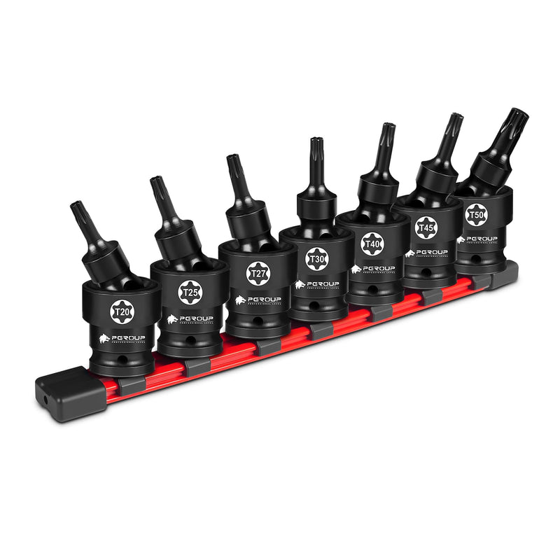 7PCS 3/8" Drive Universal Swivel Impact Torx Socket Set, T20-T50, CR-MO Wobble Star Sockets With Hanging Bracket for Dead Angles, Auto Repair, Mechanical Maintenance 7PCS 3/8" Drive
