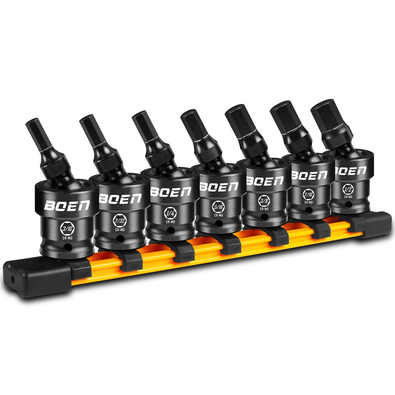 boen 3/8" Drive Universal Hex Bit Socket Set, 7-Piece SAE Impact Swivel Allen Bit Sockets, 360° Rotation Flexible Wobble Hex Bit Driver Socket Set, With Storage Rail, CR-MO Steel HEX-SAE