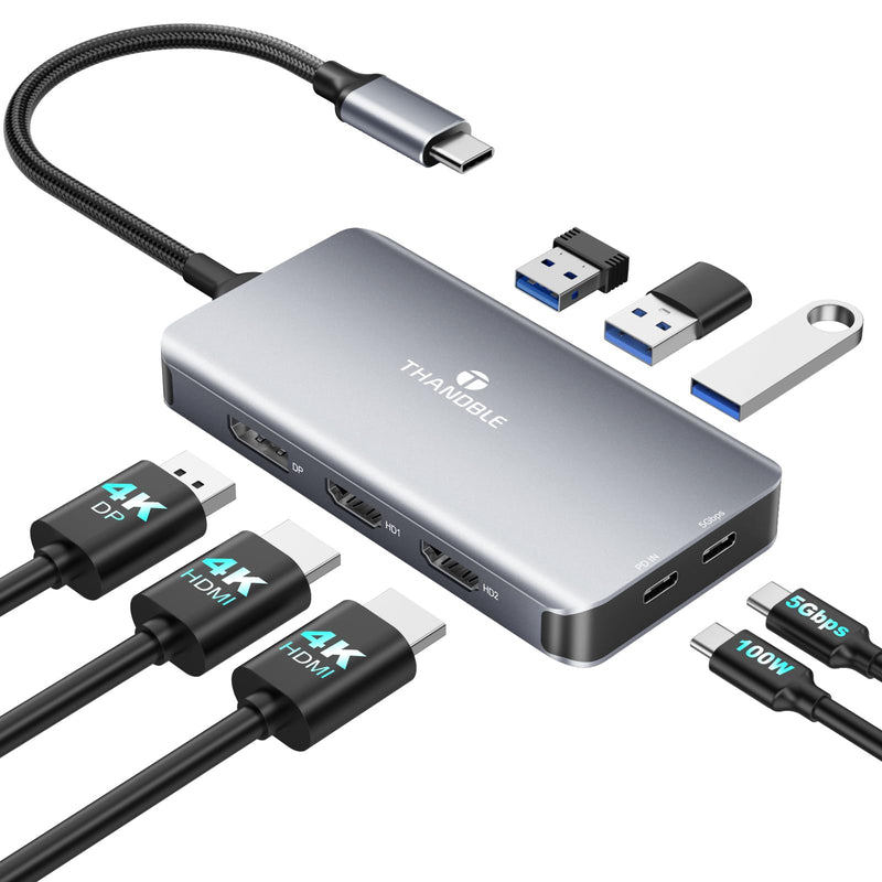 USB C Docking Station Dual Monitor, Laptop Docking Station 3 Monitor, USB C Hub Dual 4K@60Hz HDMI Display with DisplayPort Port, 5Gbps USB-A/C Data Port, 100W PD, for HP/Dell/Lenovo/Laptop