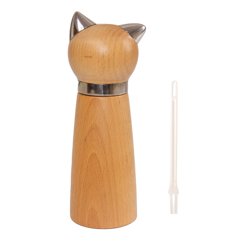 Manual Pepper Mill & Salt Grinder - Wood Adjustable Refillable Pepper Mill with Cat Design,Cute Kitchen Gift with Handle (7.6" Height)