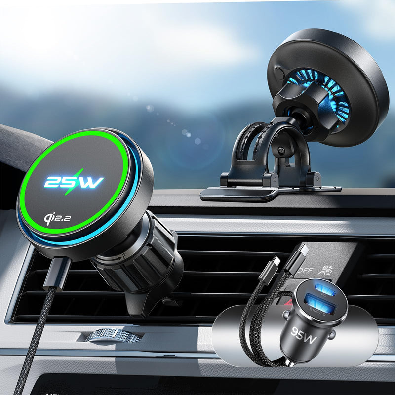 LISEN for Qi2.2 25W MagSafe Car Mount Charger，[Top Spec with Cooling Fan＆95W Custom Adapter] iPhone 17 Pro Max Car Charger Fast Charging for iPhone 17/16 Pro Max Plus Air with iOS26,Vent or Dashboard