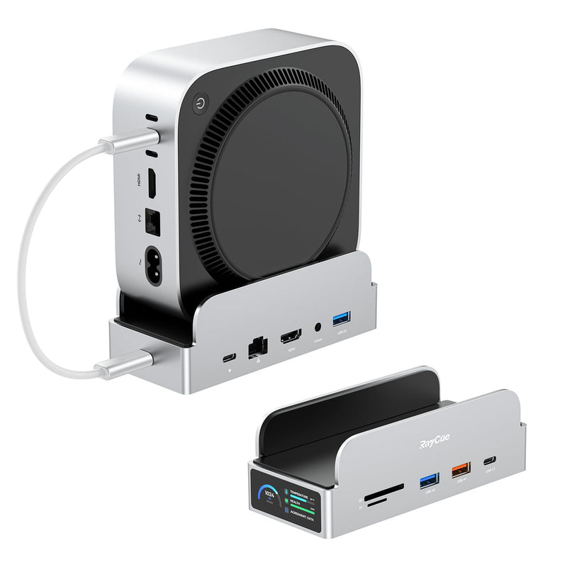 RayCue SmartDock Pro for Mac mini M4 Dock Stand with M.2 NVMe SSD Enclosure, 4K 60Hz HDMI, 10Gbps USB-C/A, Gigabit Ethernet, SD/TF Card Readers – Space-Saving Vertical Hub Compatible with Mac mini