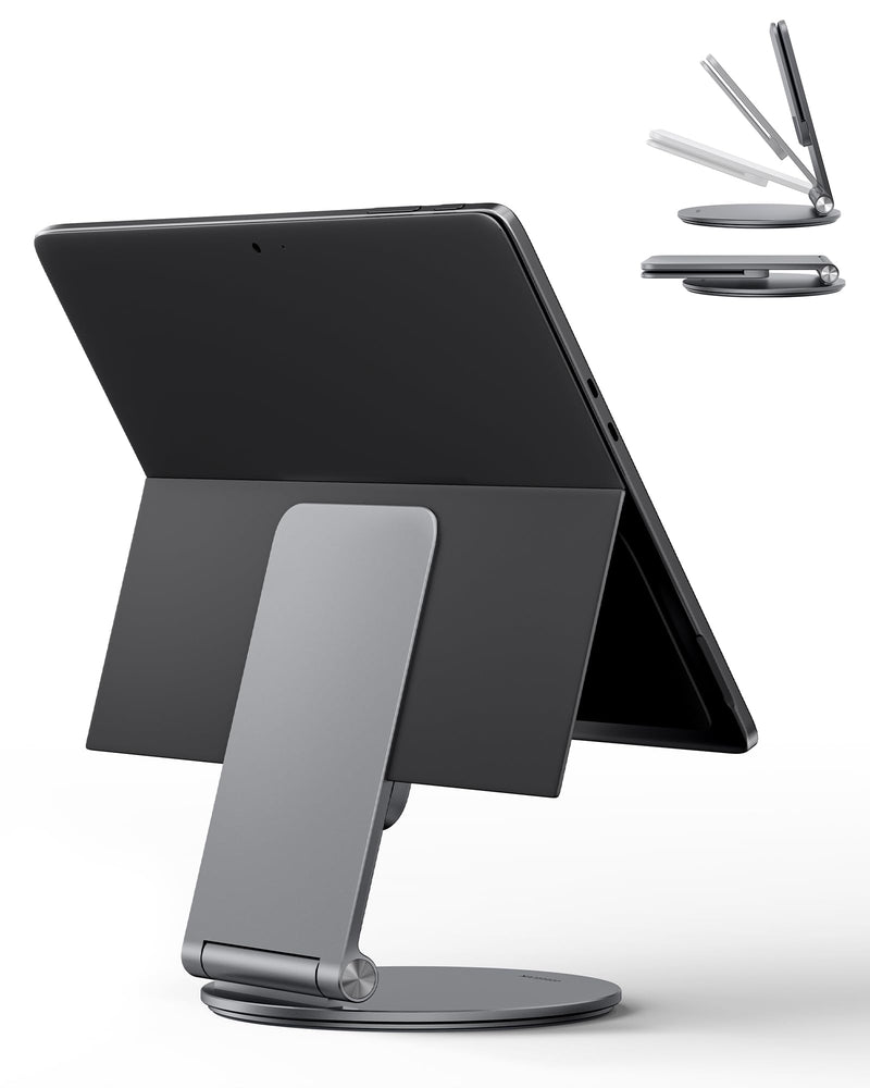 LULULOOK Stand for Surface Pro/Go - Aluminum Alloy 360° Swivel Base, Foldable Tablet Holder/Riser for Microsoft Surface Pro 7–11 & Go 2–4 | Portable Office Desk Accessories, Gray
