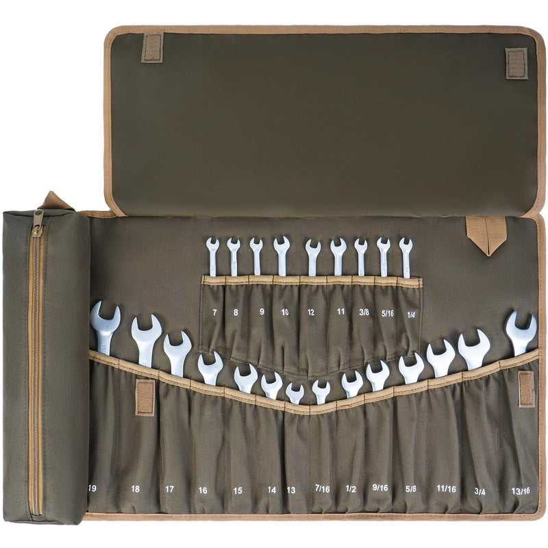 Wrench Roll Organizer,Wrench Roll Up Pouch with 23+1 Pockets,Heavy Duty Tool Roll for Metric & SAE Wrenches,Large Wrench Holder Organizer Bag for Men,Mechanics,Gifts for Men Dad(Olive Green) NO Tools Olive Green