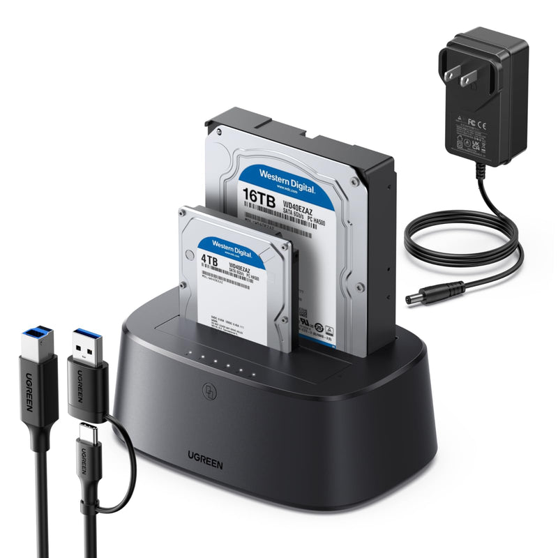 UGREEN Dual-Bay Hard Drive Docking Station for 2.5 & 3.5 SSD HDD Up to 48TB | USB C 3.0 to SATA I/II/III Hard Drive Enclosure Reader with Offline Clone and Duplicator Function Tool Free Installation