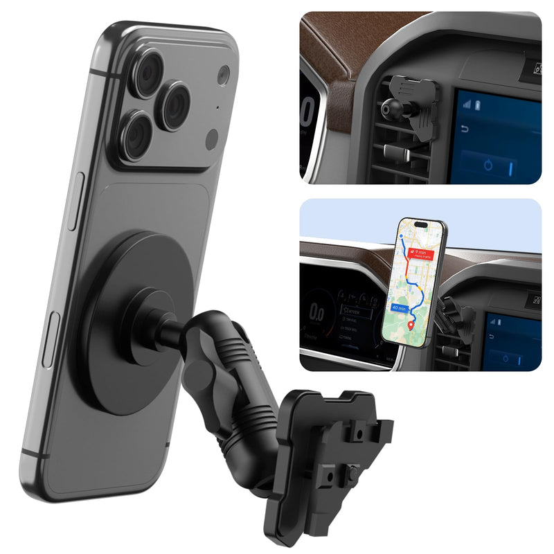 Surfcabin CNC Magnetic Vent Phone Holder for 2021-2026 Ford F150 | 2021-2026 Super Duty F250 F350 F450, Full Metal Bracket, No Shake, No Block Airflow, 360° Rotation, Fits Most CellPhones Compatible with F150 2021-2026 with Metal Arm
