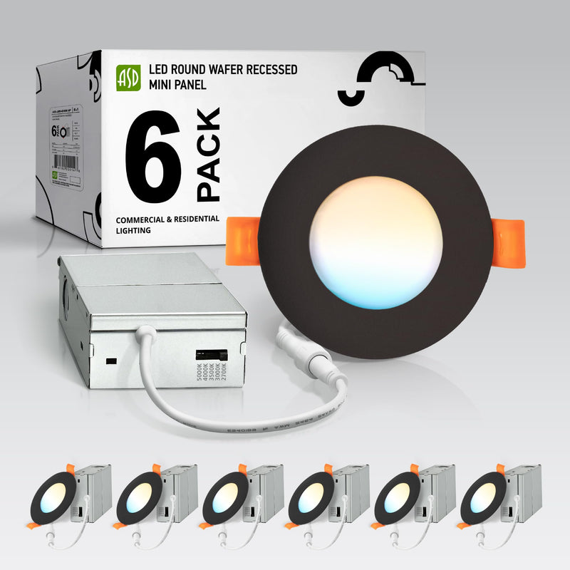 ASD 6 Pack 3 Inch LED Recessed Light 6W, 5 CCT 2700K-5000K CRI90+, IC Rated Ultra Thin Dimmable Ceiling Lights with J Box, Canless Wafer Downlight, Round Slim Panel Lighting, Energy Star ETL, Black 3 Inch 6 Pack