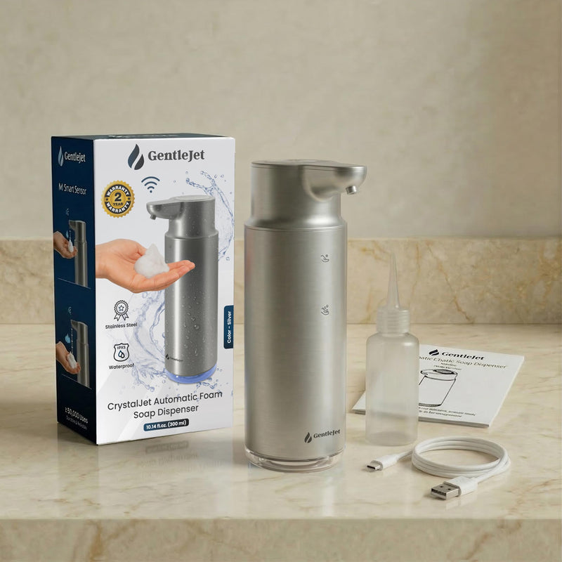 CrystalJet Automatic Foam Soap Dispenser – Stainless Steel, Touchless Sensor, USB-C Rechargeable, Waterproof, Modern Bathroom & Kitchen Sink, 300 ml Silver
