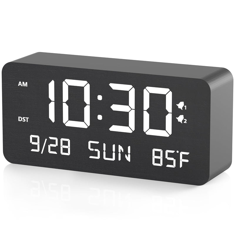 Wooden Digital Alarm Clock for Bedroom - Desk Clock with Date, Day of Week, Temperature, Dual Alarms, Dimmer, USB Port Charge, DST, Adjustable Volume for Living Room/Office Wood Decor (Black) Bl-rectangle
