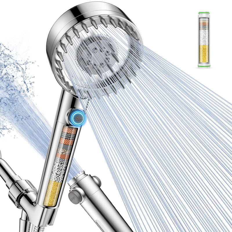 Filtered Shower Head with Handheld, High Pressure 4 Spray Mode Showerhead with Filters for Hard Water Softener, Handheld Shower Heads Filter with ON/OFF Switch for Pets Chrome
