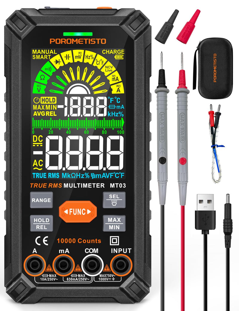 Smart Digital Multimeter Auto-Ranging,10000 Counts True-RMS | POROMETISTO Rechargeable Voltmeter Multimeter with NCV & Capacitance Check,Dual Fuse Electric Tester for HVAC & Automotive MT03