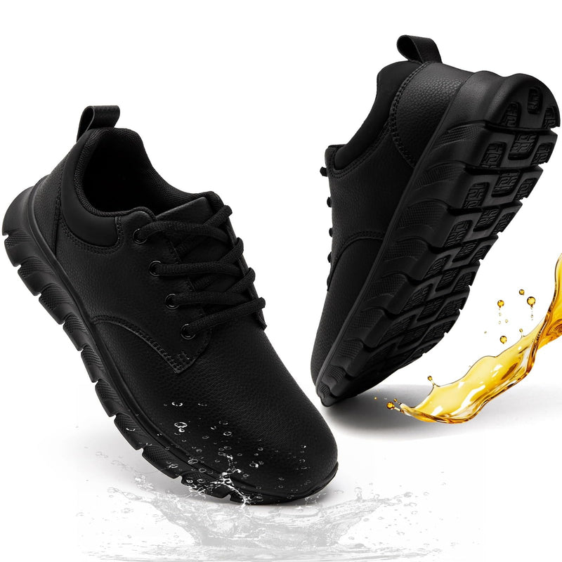 Mens Non Slip Work Shoes Waterproof Oil Resistant PU Leather Food Service Restaurants Kitchen Chef Shoes Comfortable Walking Sneakers Lightweight Casual Zapatos de Trabajo para Hombres 12 A All Black
