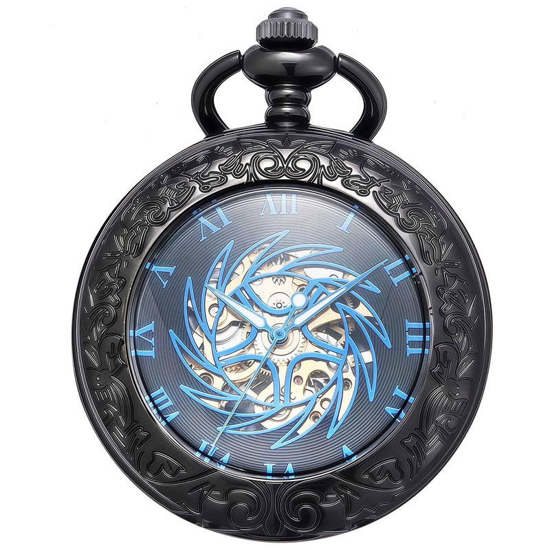 Mechanical Pocket Watch, for Men Women Special Magnifier Half Hunter Engraved Case Roman Numerals with Chain Bc. Sun-God-Bird, Black Blue