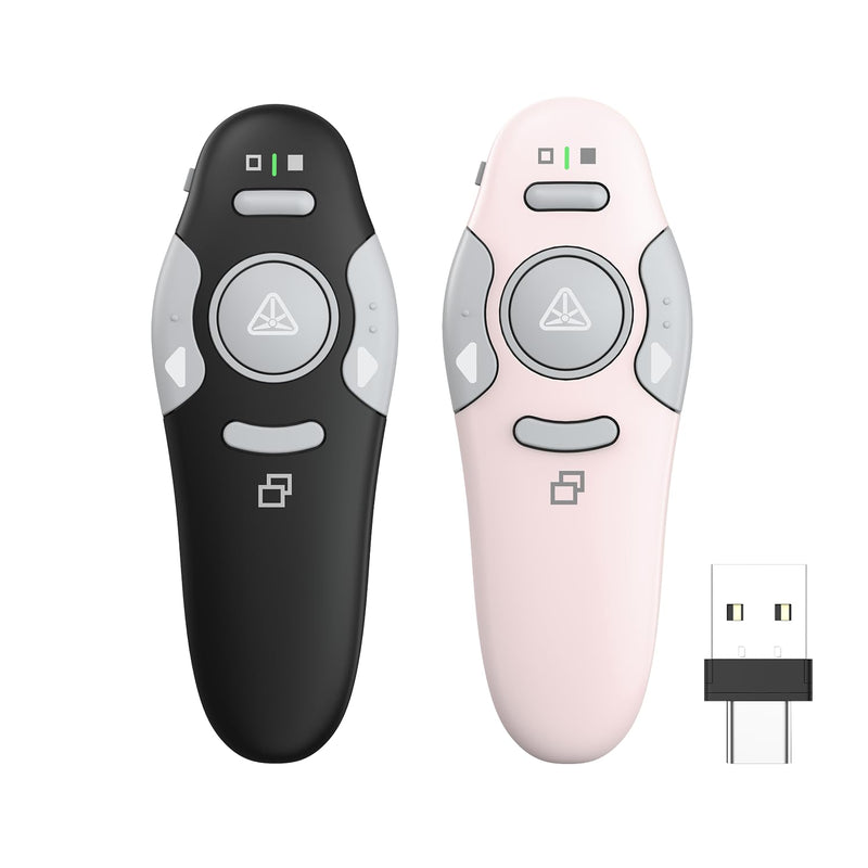 QUI 2 Pack Presentation Clicker, Wireless Presenter Remote Clicker for PowerPoint, Slide Advancer for Mac, Windows, Google Slide, Keynote (USB Type-c, Black Pink) USB Type-c