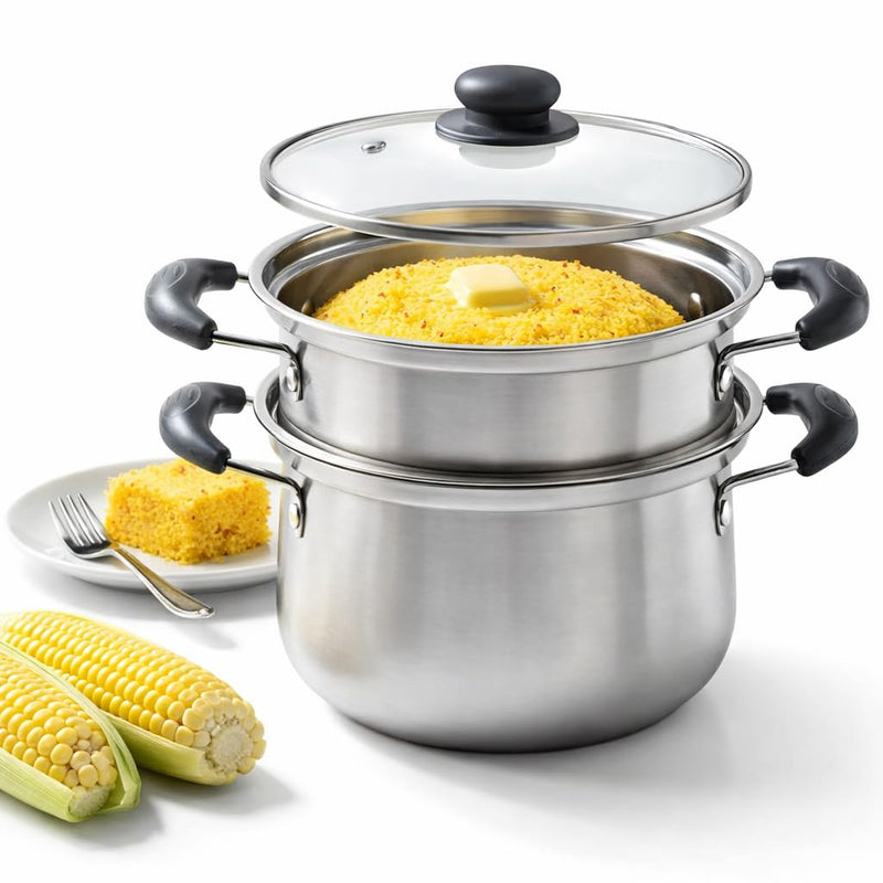 Cuscuzeira Brazilian Cuscuz Steamer Pot – 2-Tier Stainless Steel Steamer for Couscous, Rice, Dumplings, and Vegetables – Compact 18cm Cooker for Daily Meals, Apartments, and Small Households