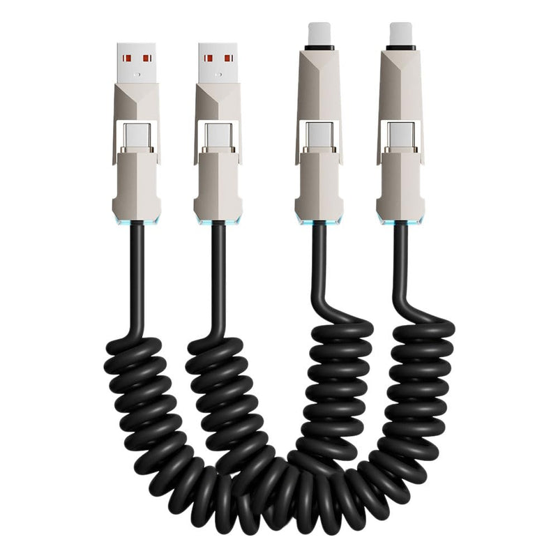 4 in 1 Spring Fast Charging Cable (2Pack), 240W USB-C PD Multi Fast Charging, 1.2m/5ft Coiled Retractable Cable for iPhone, Samsung, iPad, MacBook,Tablets - Black