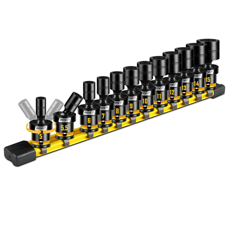 BOEN 12-Piece 1/4" Drive Metric Impact Swivel Socket Set (5-15mm), 6-Point Shallow Wobble Sockets, Cr-Mo Steel, Includes Storage Rail