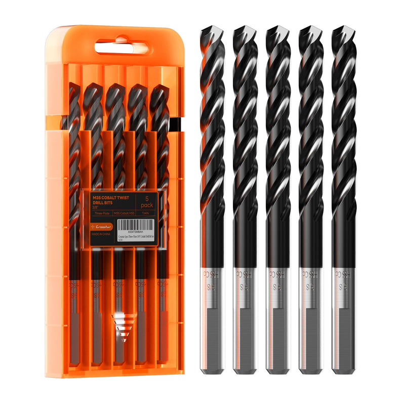 Crosstar M35 Cobalt Drill Bit Set for Hardened Metal & Stainless Steel - Titanium Aluminum Nitride Coated (TiAlN), Three-Flute Design, 5pcs 3/8“ Metal Drill Bits 5pcs(3/8in)