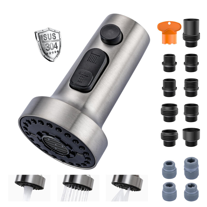Stainless Steel Kitchen Faucet Head: ARCORA 3-Function Kitchen Faucet Head Replacement with 13 Adapters - Brushed Nickel Pull Down Spray Head Compatible with Moen, Delta, American Standard Faucets Stainless Steel