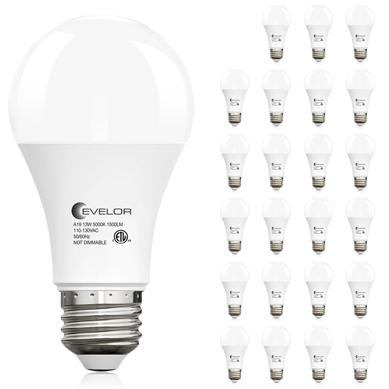 evelor 24-Packs A19 LED Light Bulbs,100 Watt Equivalent Daylight 5000K Bright Bulbs Efficient 13W,1500 Lumens E26 Base, Non-Dimmable, 15000-Hour Lifespan for Bedroom, Living Room, Office 24 Pcs