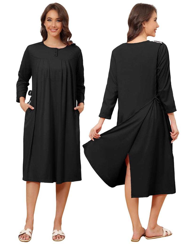Flannel Hospital Gowns for Women Zipper Open Back Post Shoulder Surgery Dress Thermal 3/4 Sleeve Adaptive Clothing Black X-Large
