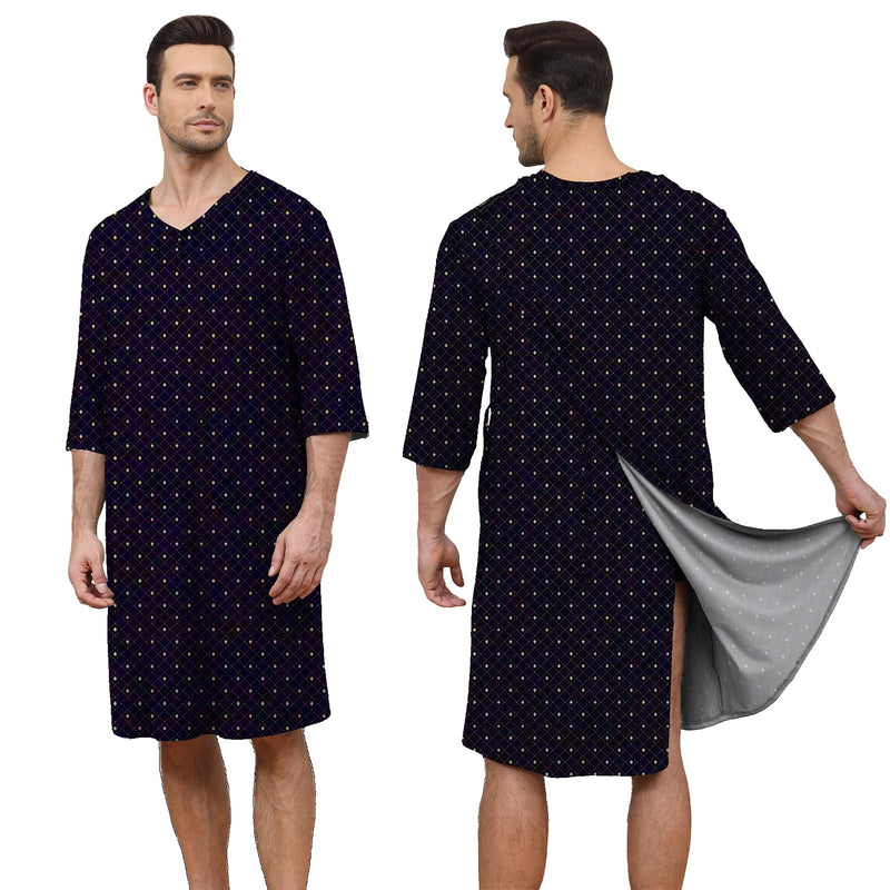 Soft Elastic Men's Hospital Gown with Shoulder Snaps, Waist Drawstring, Side Pockets, Patient Gown for Men Diamond Print Medium