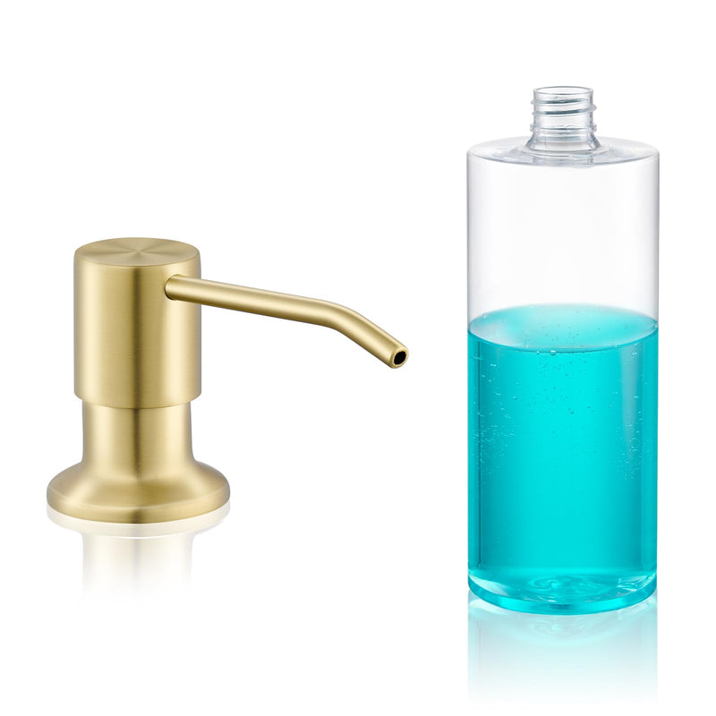 Built in Soap Dispenser for Kitchen Sink Countertop, Brushed Gold Stainless Steel Soap Dispenser Pump Head Refill from the Top with 11 Ounce Transparent Soap Bottle