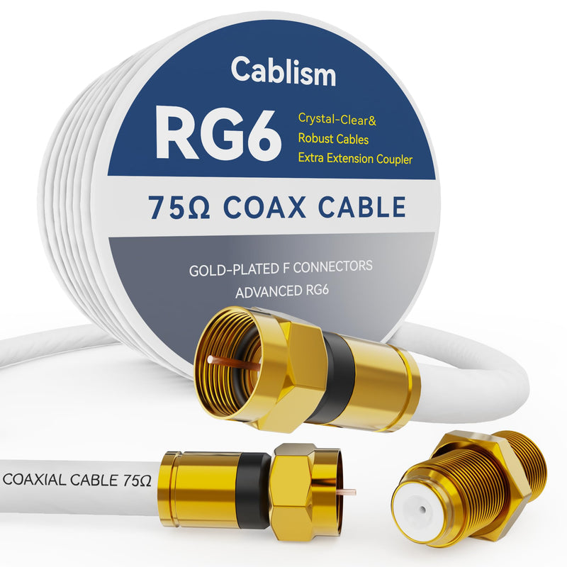 RG6 Coaxial Cable 50FT–Gold-Plated F-Type Coax Cable with Extender, Stable Signal for 4K Ultra HD TV Antenna/Internet/Satellite/Cable Modem-3ft/6ft/10ft/20ft/25ft/100ft White