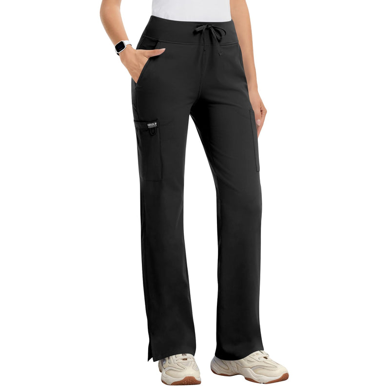 Yoga Scrub Pants Women High-Rise Straight Leg Uniform Cargo Bottom with Yoga Waistband,5 Pockets & 4-Way Stretch Regular Medium Black