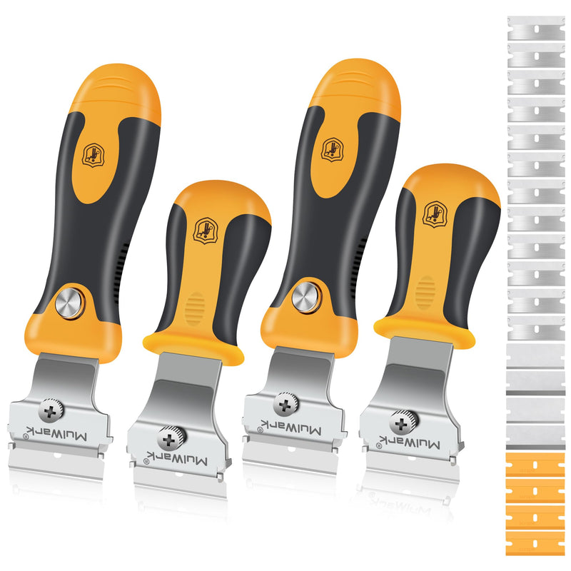 MulWark Razor Blade Scraper, 4 Handles Razor Scraper Set With Extra 24pcs Blades Heavy Duty Paint & Glass Scraper Tool With Extendable Handle for Windows, Oven Cleaning & Surface Prep 4 Handles Razor Blade Set with 20PCS Blades