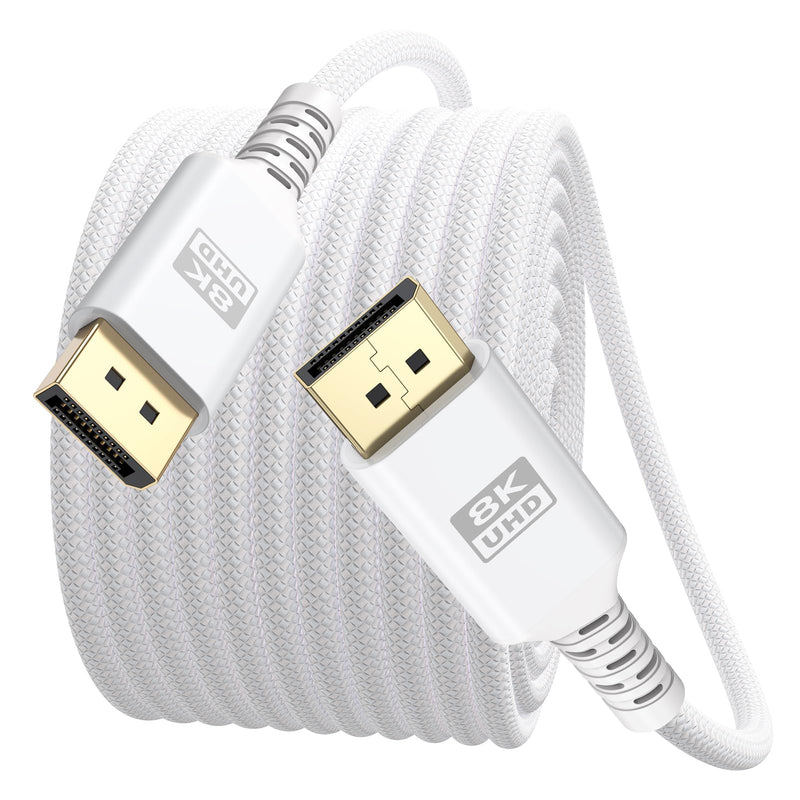 8K White Display Port Cable 15FT, DisplayPort 1.4 Cable DP Cord (8K@60Hz, 5K@60Hz, 4K@144Hz, 2K@240Hz, HDR) for Gaming Monitor PC, Laptop, Graphics Card