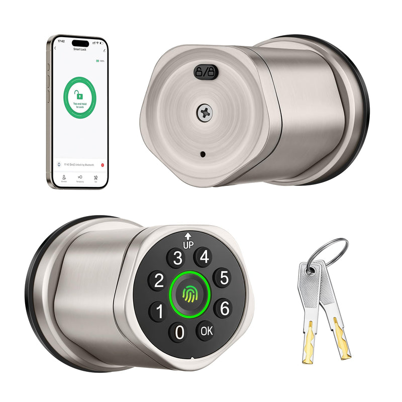 Leydebong 4-in-1 Smart Door Lock with Fingerprint and Keypad - Keyless Entry Electronic Lock with App and Mechanical Key - Easy Installation Smart Door Knob for Home Office Bedroom & Apartment 1 Satin Nickel