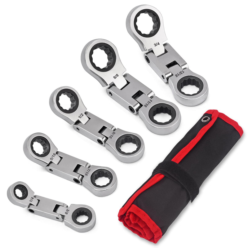 Stubby Wrenches Set, Flex Head Ratcheting Wrench Set Double Box End Ratchet Wrench 1/4 to 13/16 inch 5 Pieces SAE (SAE)