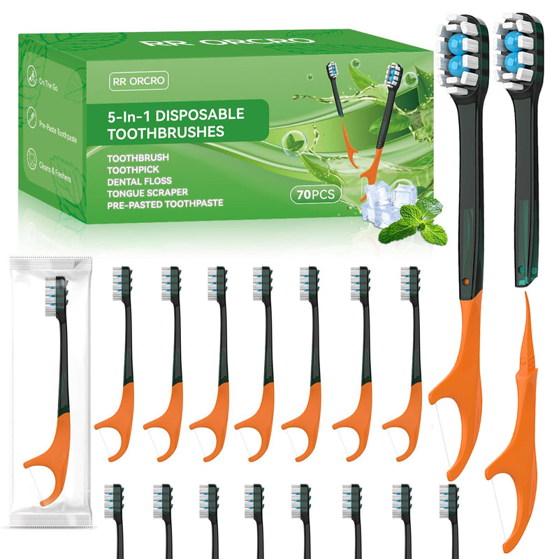 70Pack Disposable Toothbrushes with Toothpaste + Pick + Floss + Tongue Scraper 5-in-1 Mini Prepasted Travel Toothbrush for Hotel Camping Flight Car Single Use Portable Individually Wrapped | Mint Orange - Burst Bead 70 Pack