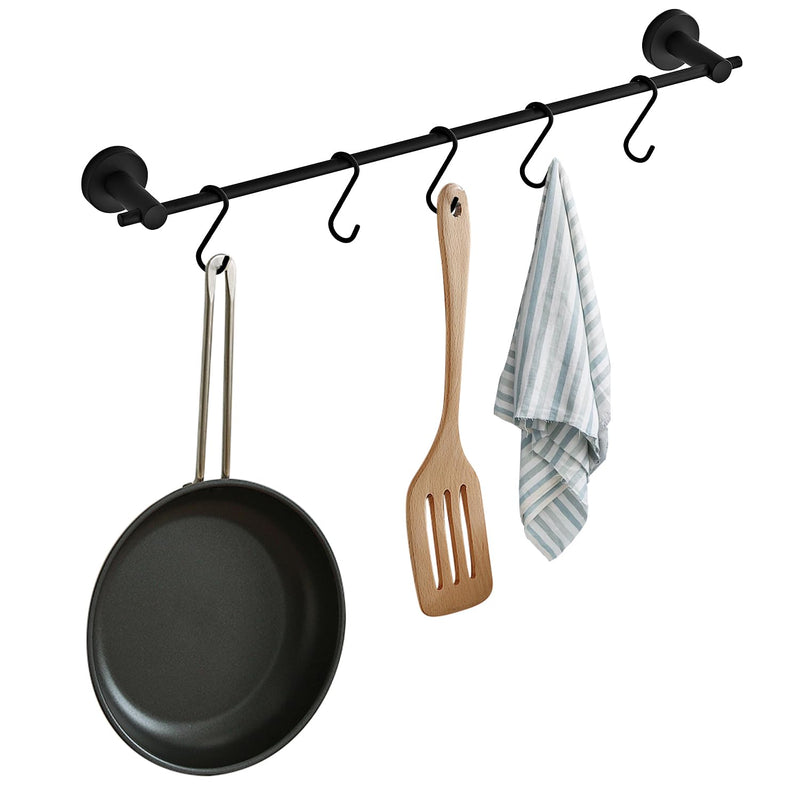 21.6 Inch Towel Bar with 5 S Shaped Hooks, Stainless Steel Towel Holder Black Towel Rack for Bathroom Washroom, Wall Mounted Kitchen Pot Pan Rack Utensil Holder Black With 5 Hooks