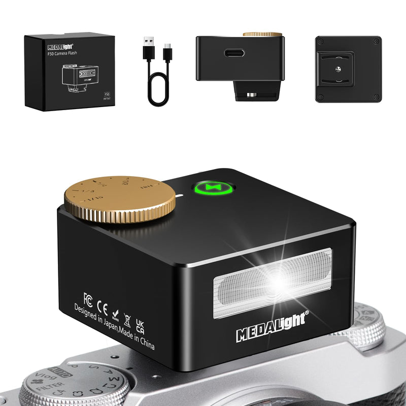 MEDALight Mini Flash F50 Camera Flash GN10,5 Power Levels Aluminum Manual Hot Shoe Flash for Ricoh GR3/Sony zv1/Sony zve 10/Fuji/Canon/Nikon/Film Cameras.(Black)