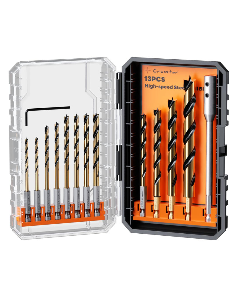 Crosstar 13-Piece Brad Point Drill Bit Set, HSS Black Gold Coating, Hex Shank Wood Drill Bits with Extension Rod & Case for Hardwood, Plywood, Plastic (1/8"-1/2")