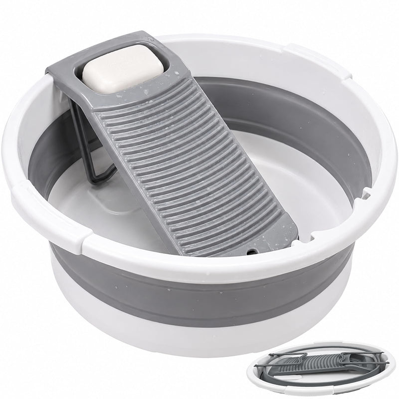 Washboard Basin for Hand Washing Clothes, 8 Gallon Collapsible Laundry Tub with Detachable Washboard, Dual Drain Design, Foldable Utility Wash Basin for Apartment, RV, Camping, Travel & Small Spaces Gray White 20"x20"